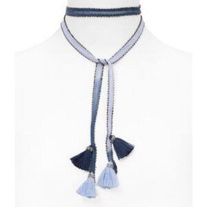 New Chan Luu Beaded Tassel Necktie Blue Ombre Skinny Scarf 42" Wrap Necklace
